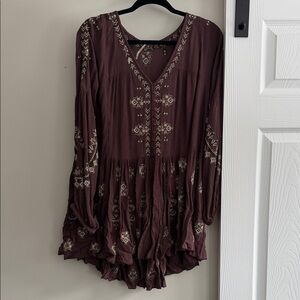 Free People Embroidered Tunic in Deep Brown